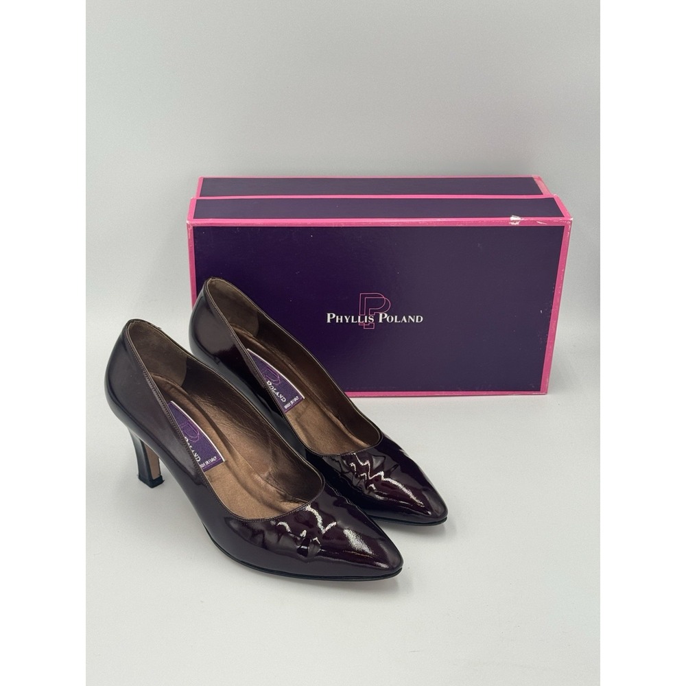 VTG Phyllis Poland Patent Leather Pumps 6.5B Italy Burgundy Port 80s 90s